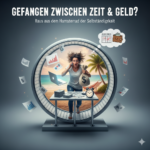 Illustration einer Frau in einem riesigen Hamsterrad, die gleichzeitig telefoniert und einen Geldsack hält. Im Hintergrund ein paradiesischer Strand, im Vordergrund ein überladener Schreibtisch. Symbol für die Zeit-Geld-Falle bei Selbstständigen.