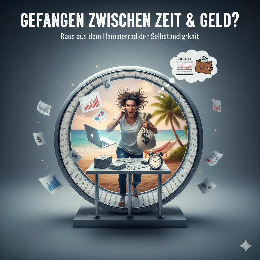 Illustration einer Frau in einem riesigen Hamsterrad, die gleichzeitig telefoniert und einen Geldsack hält. Im Hintergrund ein paradiesischer Strand, im Vordergrund ein überladener Schreibtisch. Symbol für die Zeit-Geld-Falle bei Selbstständigen.